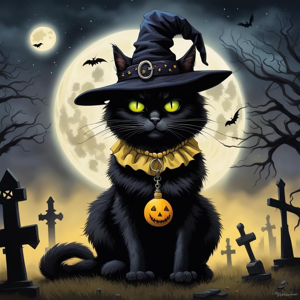 Sinister Black Cat in Graveyard on Halloween Night