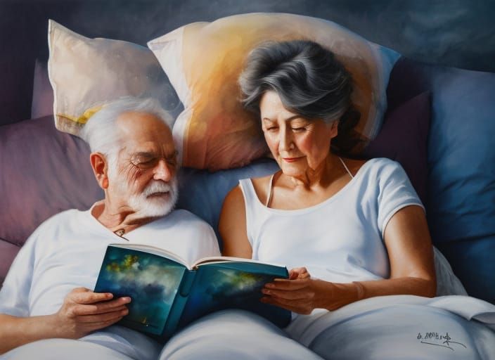 Elderly Couple Reading: Expressionist Watercolor Painting