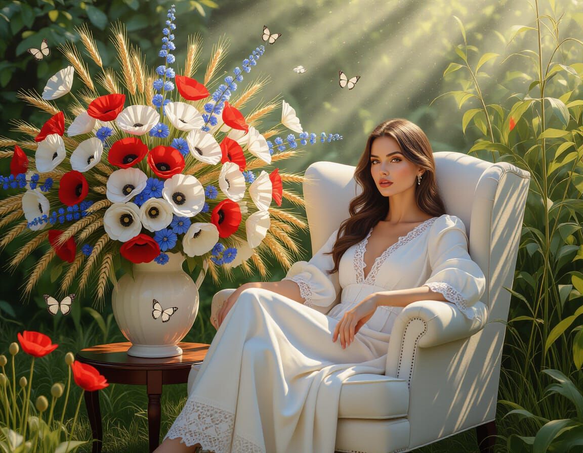 Woman in Garden with Floral Bouquet: Surrealist Illustration