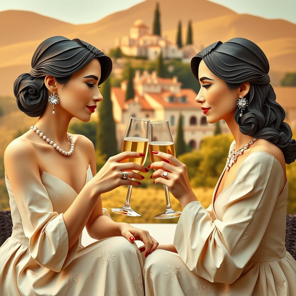 Elegant Women Toasting in Golden Italian Landscape