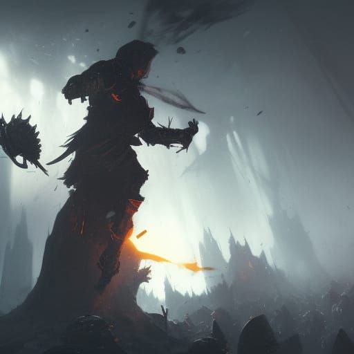 Knight Cutting Enemy Soldiers Head in Dark Fantasy Style