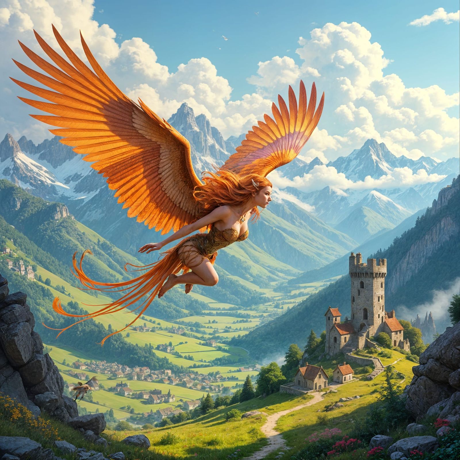 Ethereal Harpy Soars Over a Serene Valley Landscape in a Vib...