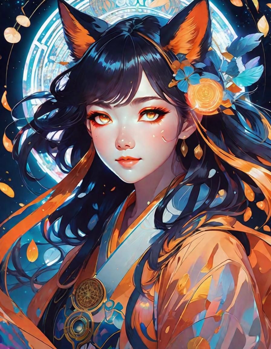 Art Nouveau Kitsune Tarot Card in Anime Style