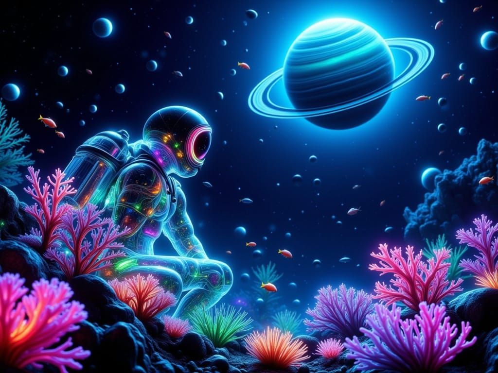 Cosmic Scuba Diver in a Vibrant Underwater Realm