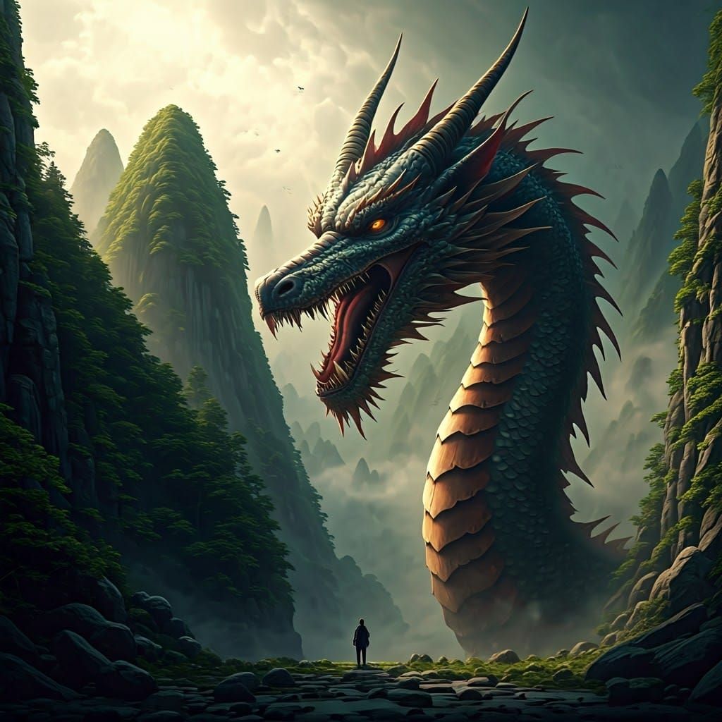 Dragon in Misty Landscape: Cinematic Asian Mythology