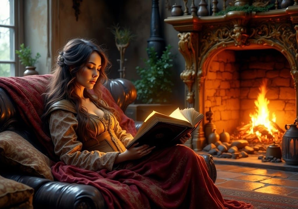 Mystical Living Room Scene with Fireplace, as Fantasy Art