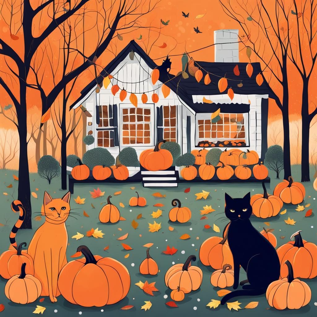 Festive Autumn Garden Party with Cats and Pumpkins