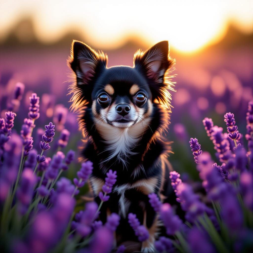 Realistic Black Chihuahua in Golden Hour Lavender Field