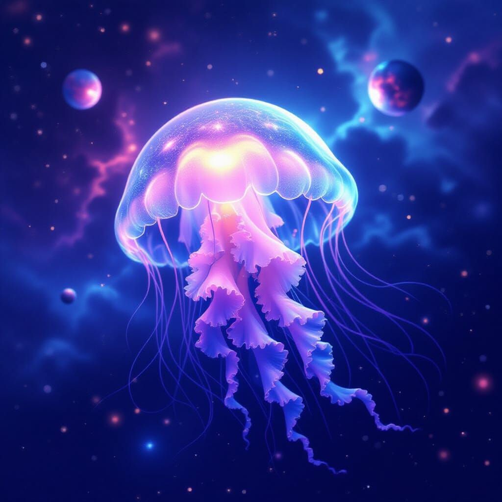 Bioluminescent Jellyfish in Cosmic Nebula