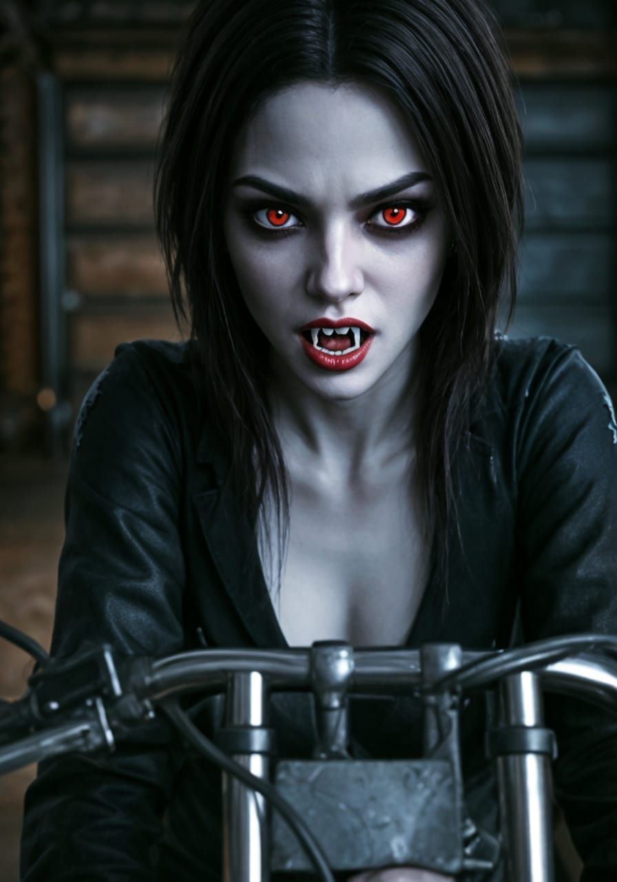Vampire Biker in Dark Garage