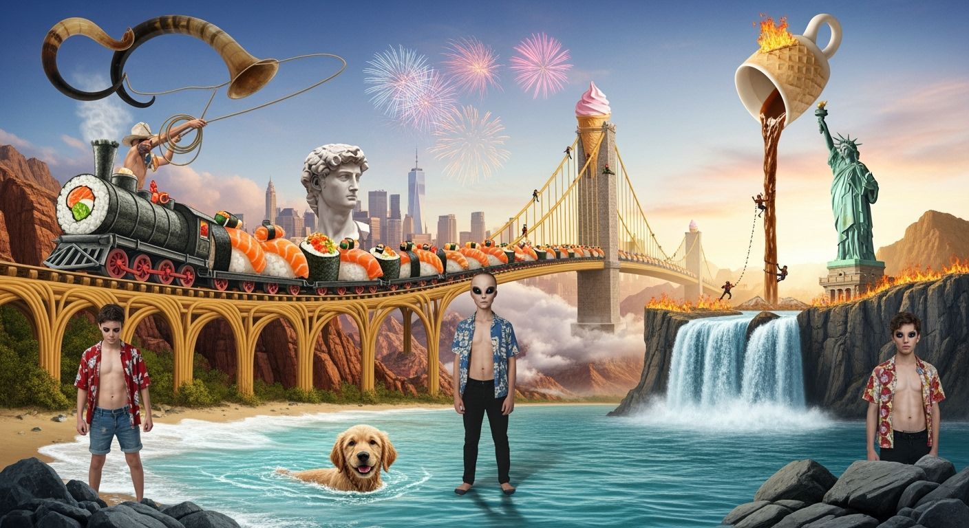 Surreal Sushi Train Landscape in Neo-Pop Style