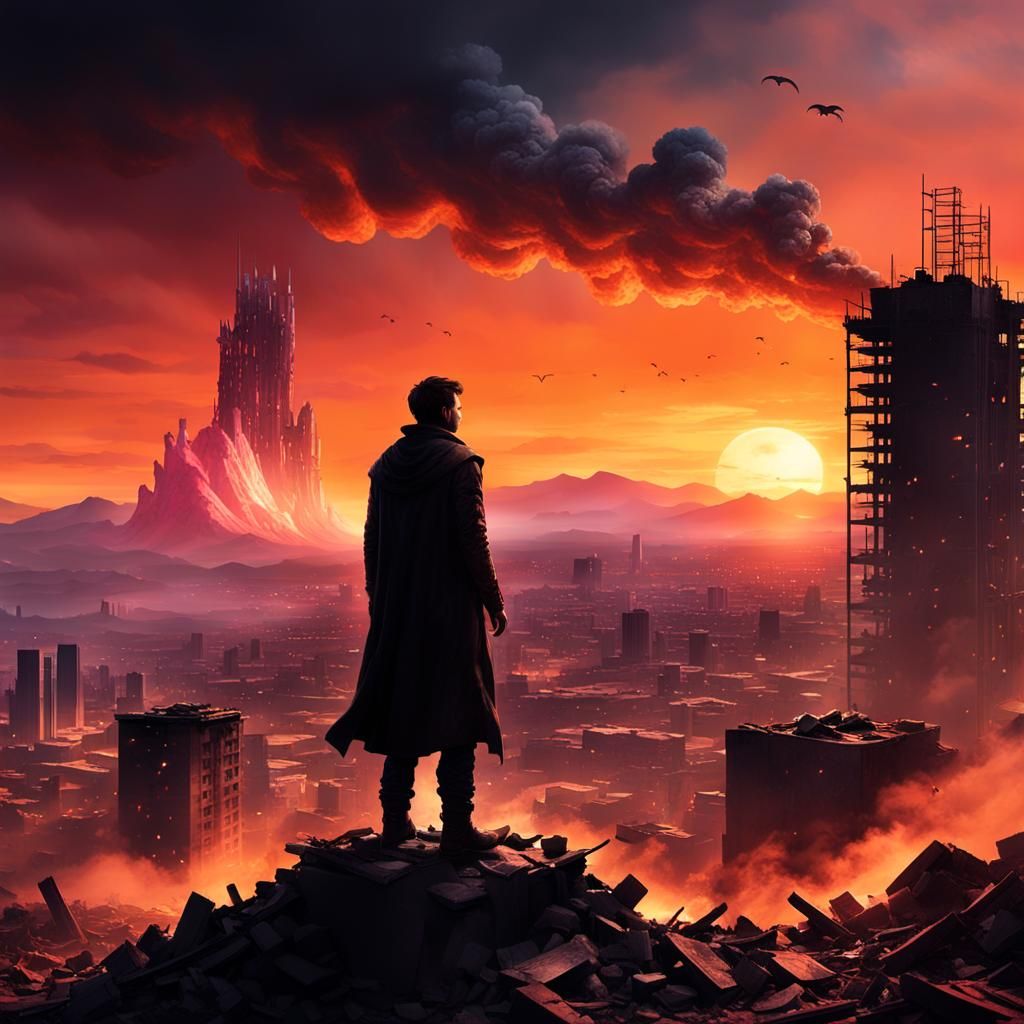 Epic Fantasy Sunset in Cyberpunk Ruin