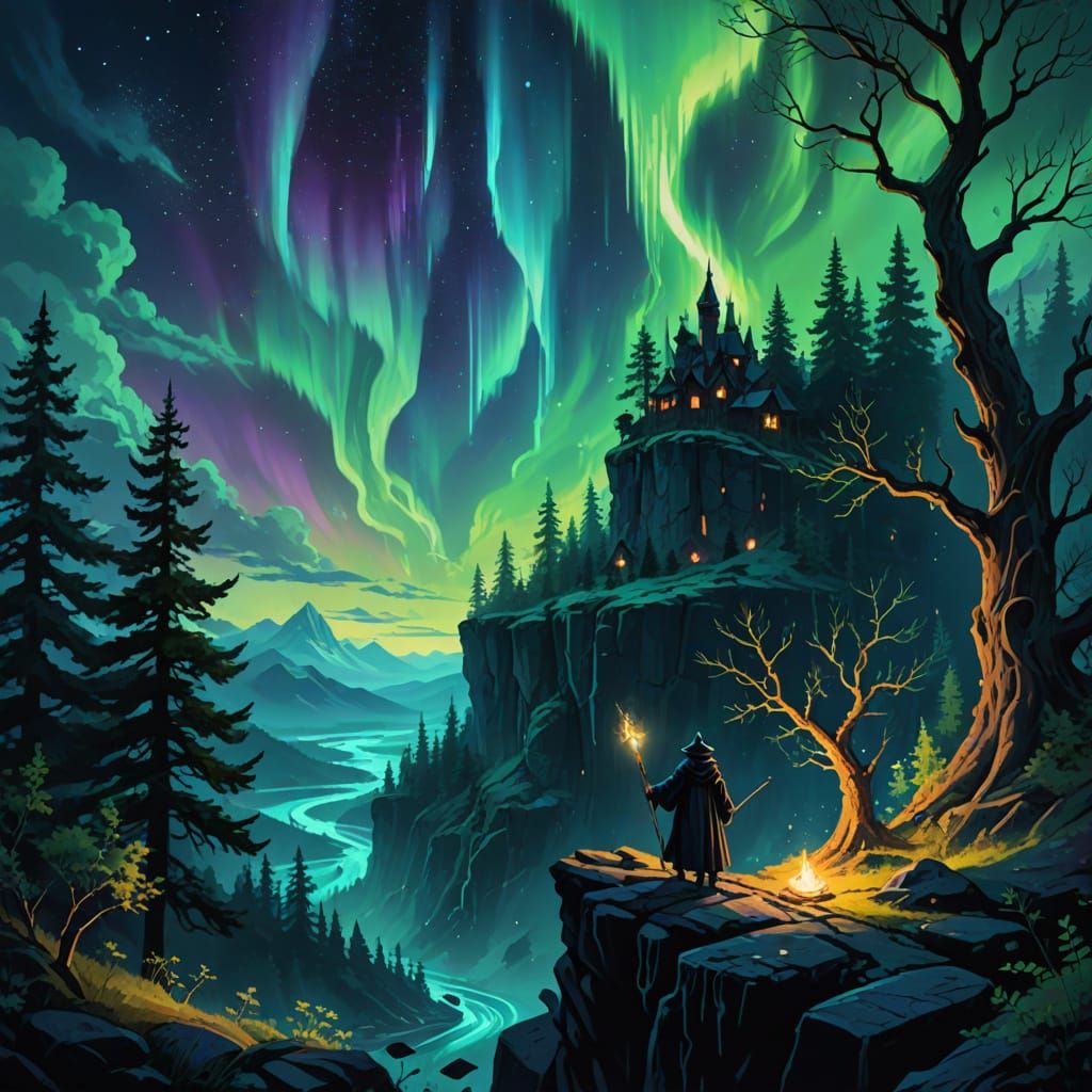Wizard Conjures Magical Aurora Over Dark Forest