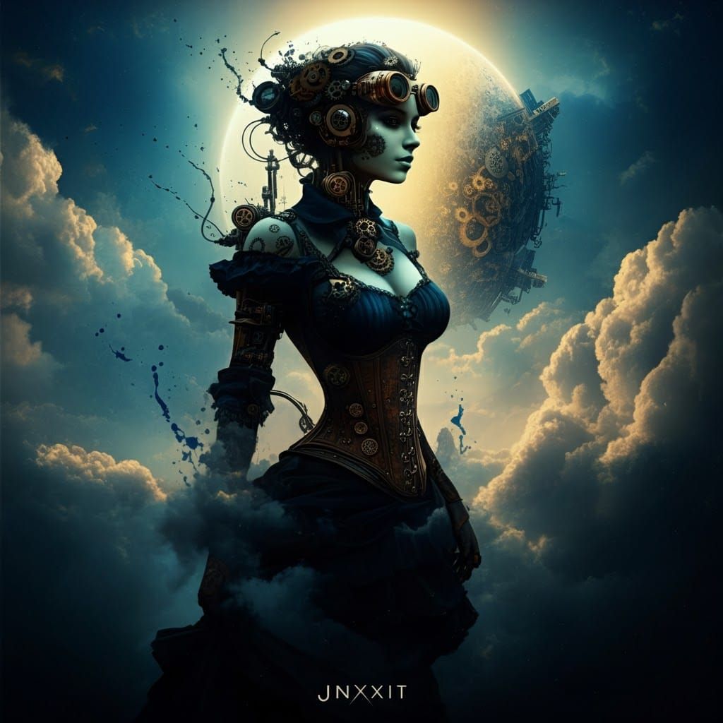 Steampunk Woman in Celestial Oil Splash Scene