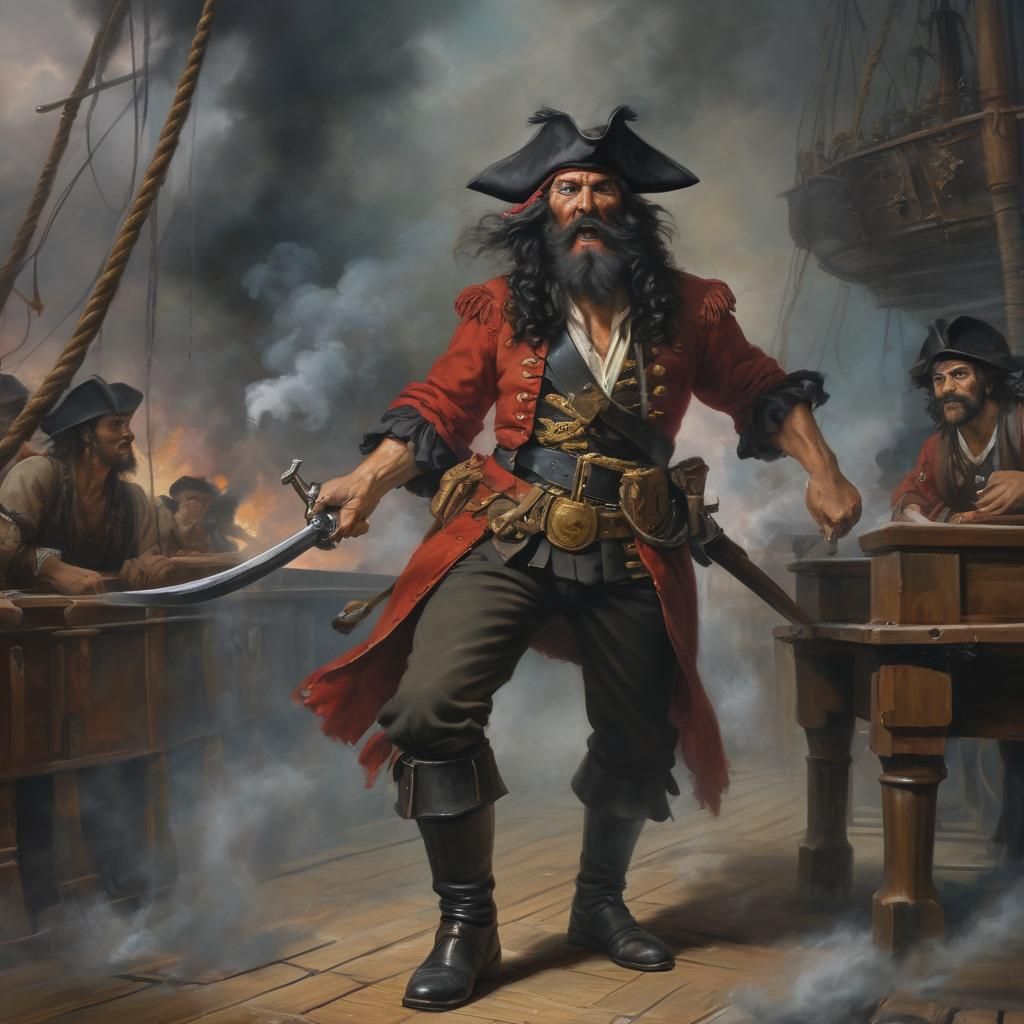 Dave Prowse as Blackbeard the Pirate, head on view, with cut...