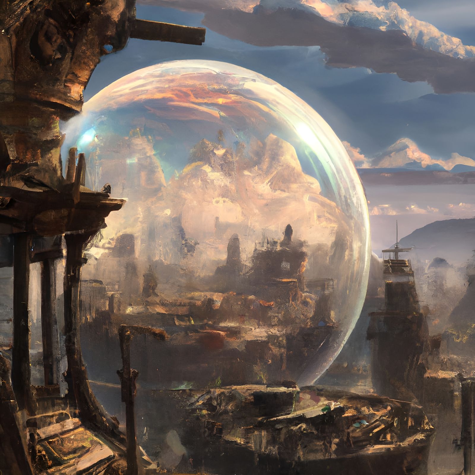 Detailed landscape painting of a dystopian steampunk city surrounded by mountains and snoke within a perfect spherical g...