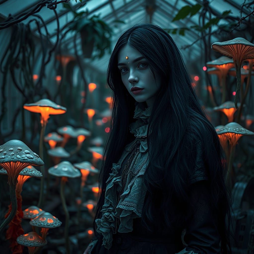 Bioluminescent Victorian Woman in Surreal Greenhouse