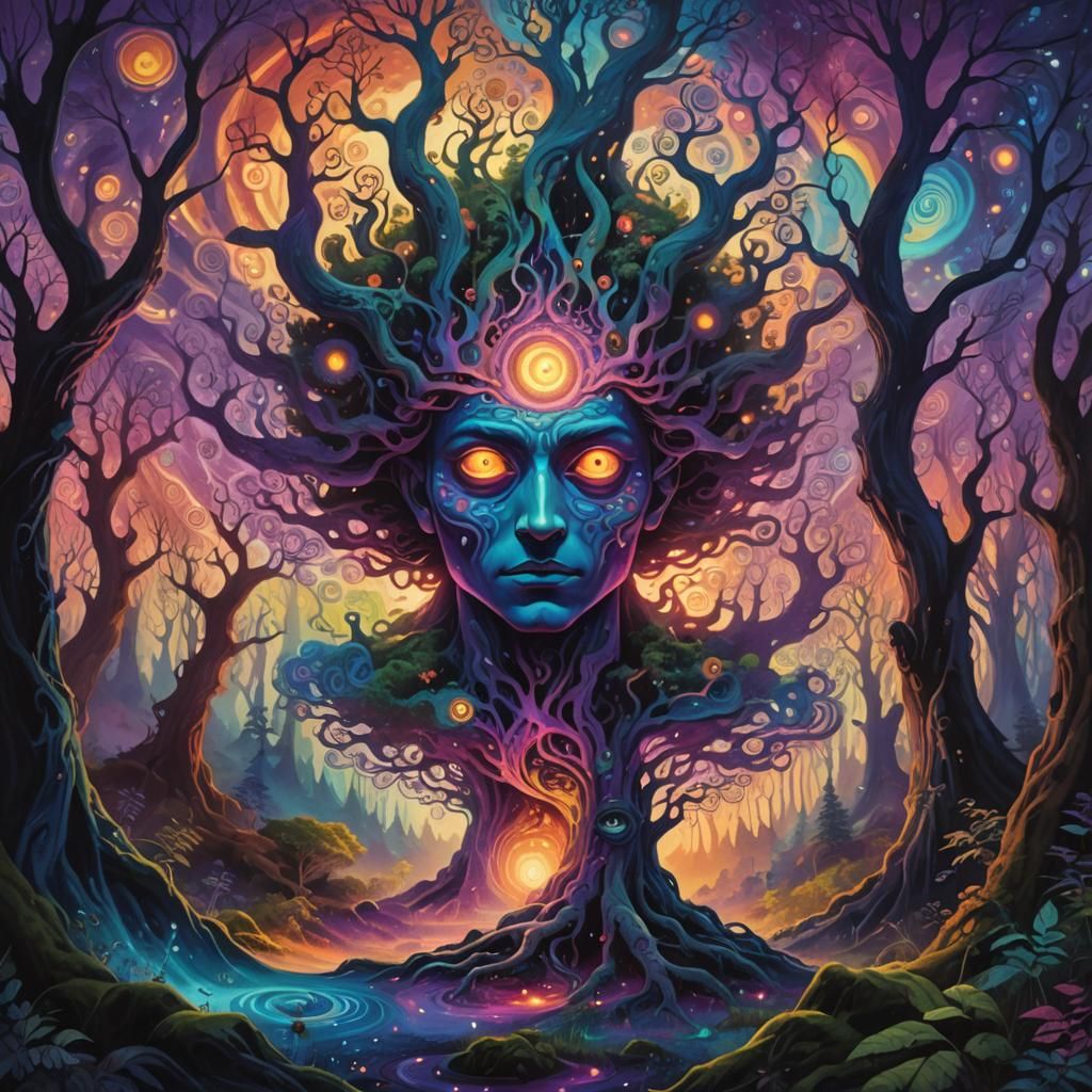 Psychedelic Ancestral Being in Mystical Forest