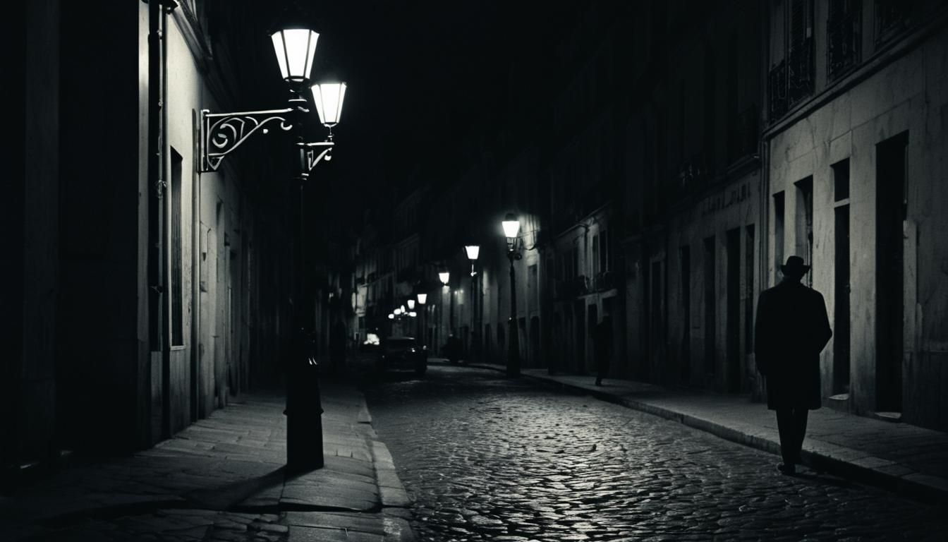 A black-and-white 1960s Paris street at night