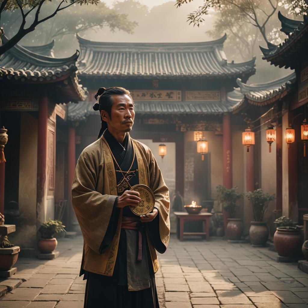 Jianzi Player in Misty Chinese Courtyard