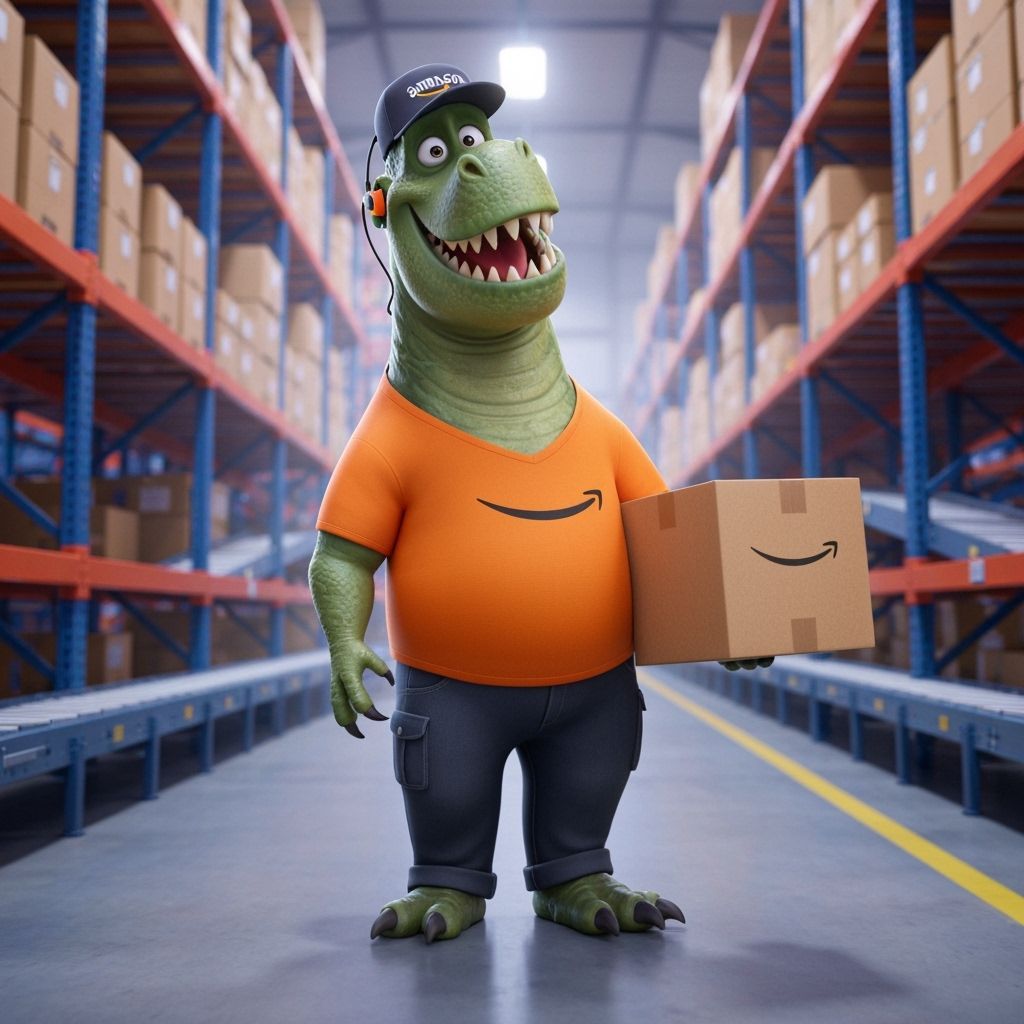 Dinosaur Amazon Worker in Pixar Style