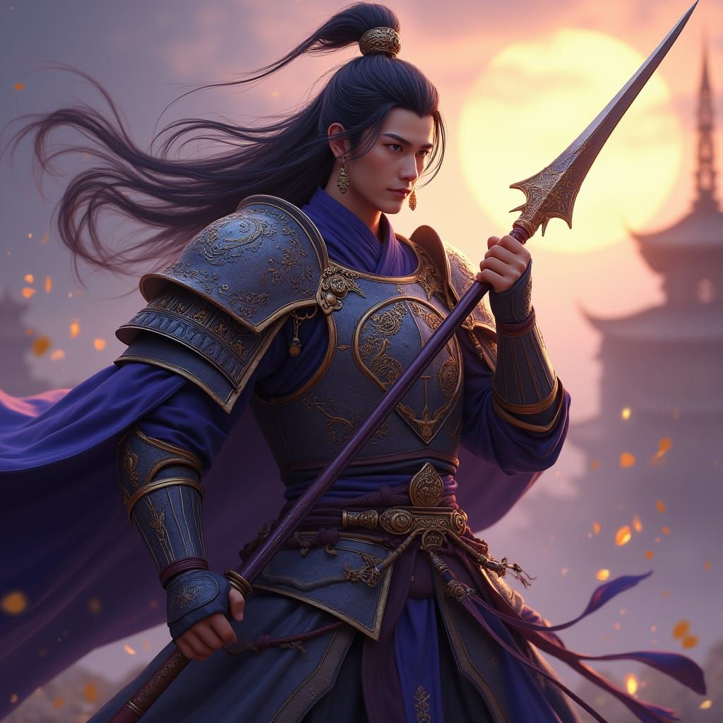 Zhao Yun Warrior in Armor Holding Spear - Dark Fantasy Art