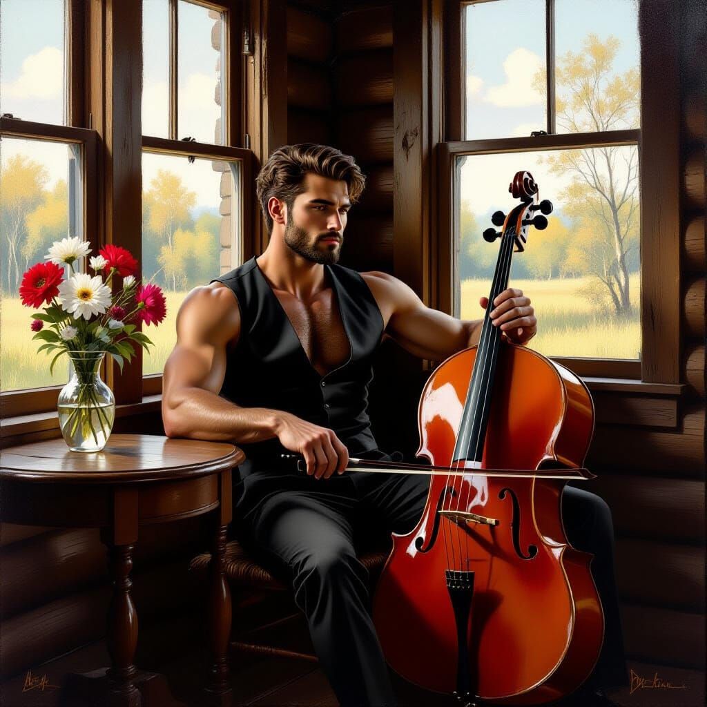 Vintage Pin-Up Man by Cabin Window as Oil Painting