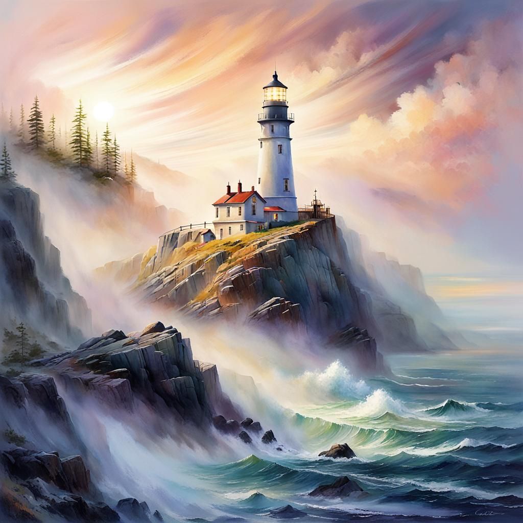 Ethereal Lighthouse in Fog, Dreamy Pastel Art