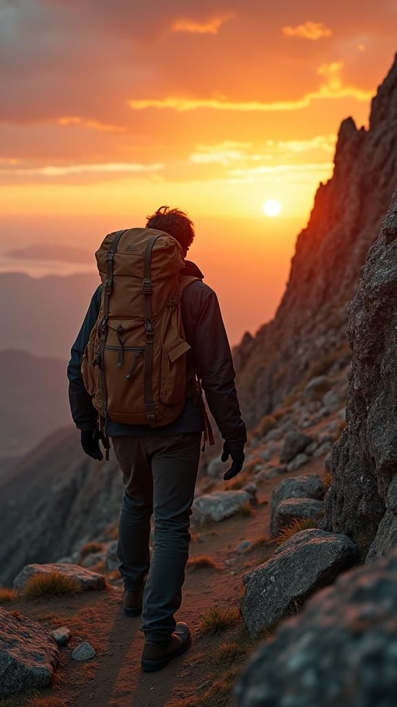 Adventurer Climbing Mountain at Sunset: Cinematic Golden Hou...