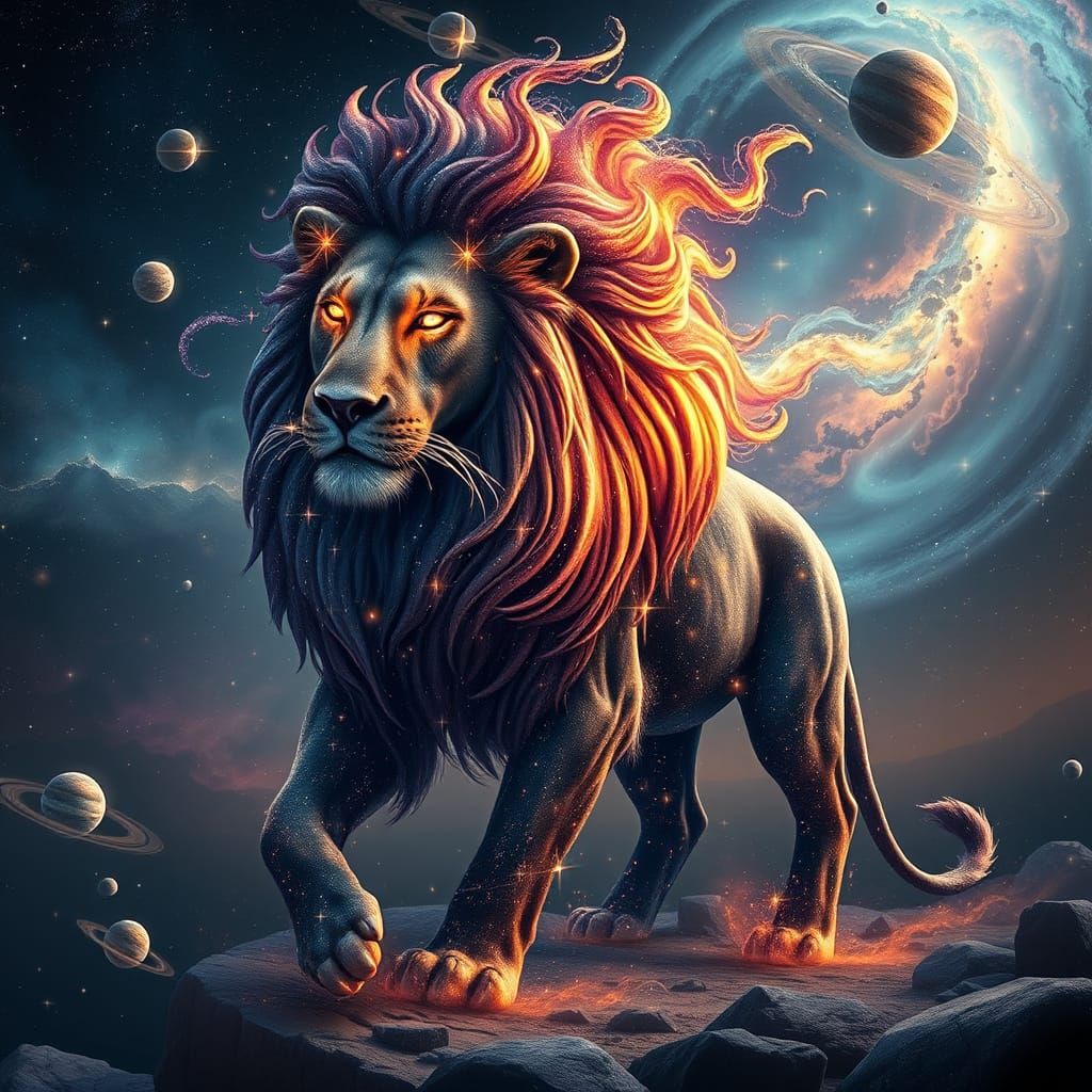 Cosmic Lion with Galaxy Mane in Celestial Landscape