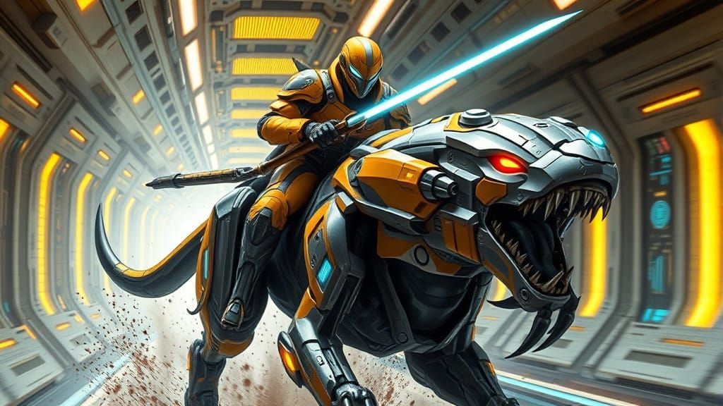 Sleek Alien Warrior Rides Robot Wolf Through Futuristic Ship...