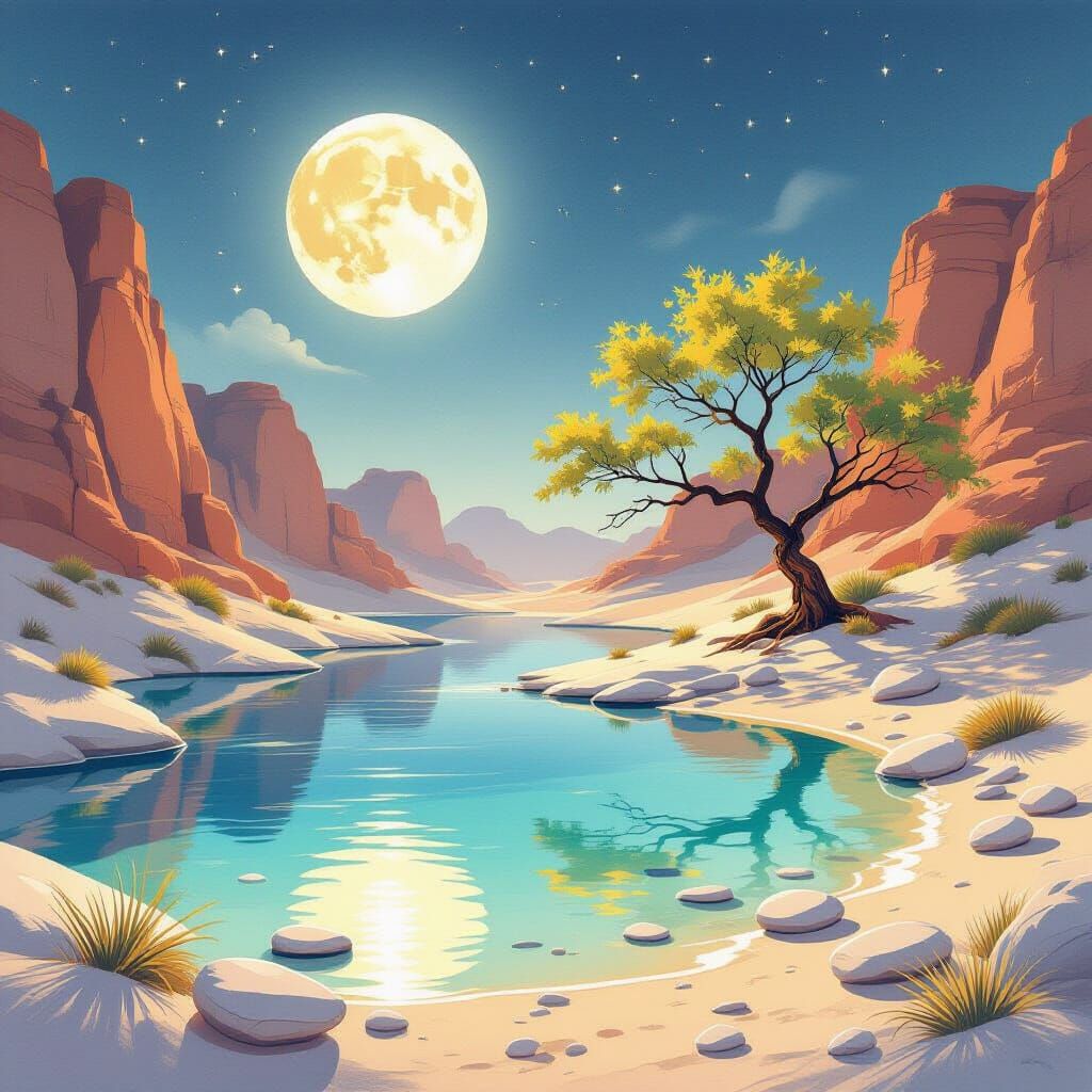 Serene Desert Lagoon Under Ethereal Moonlight