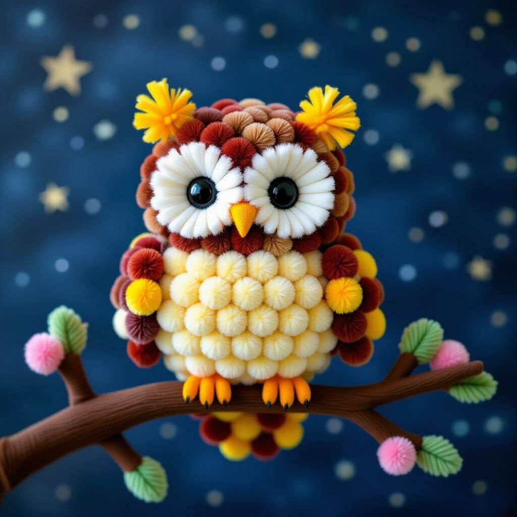 Pom Pom Owl Perched on Branch Under Starry Sky