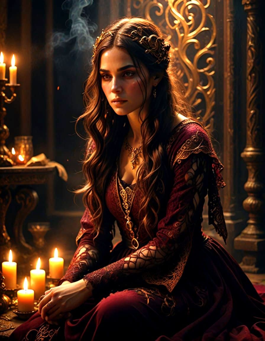 Sorceress in Candlelight: Digital Art in Oil Painting Style