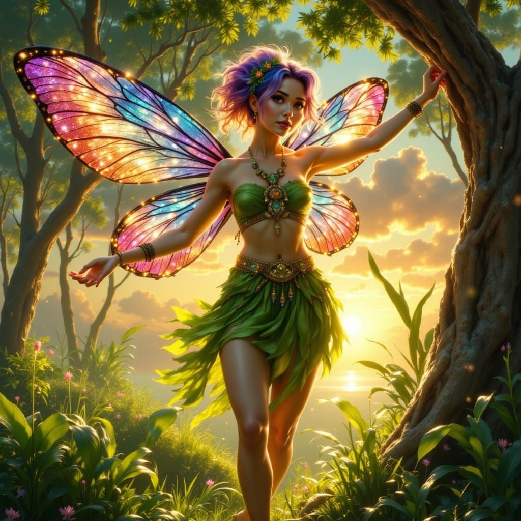 Hyperrealistic Fairy with Rainbow Hair at Sunset