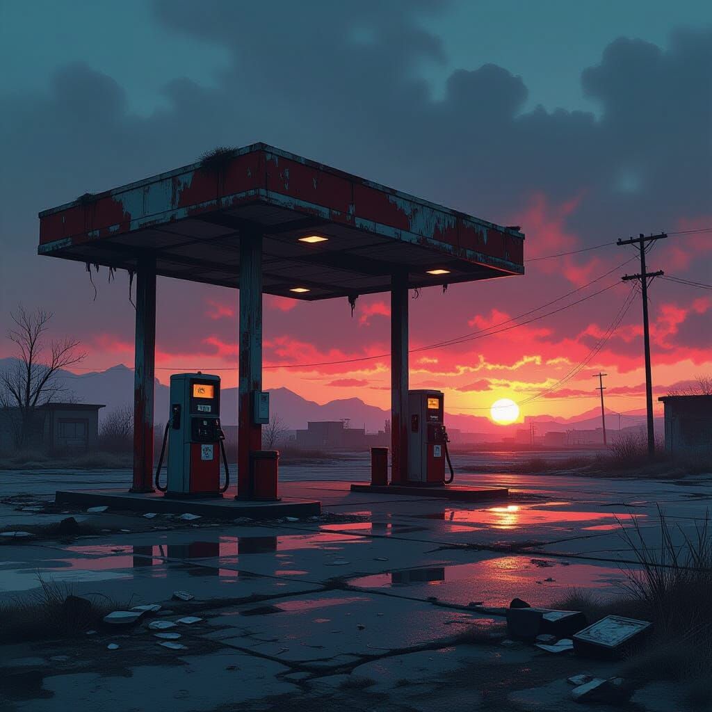 Derelict Gas Station in Post-Apocalyptic Wasteland