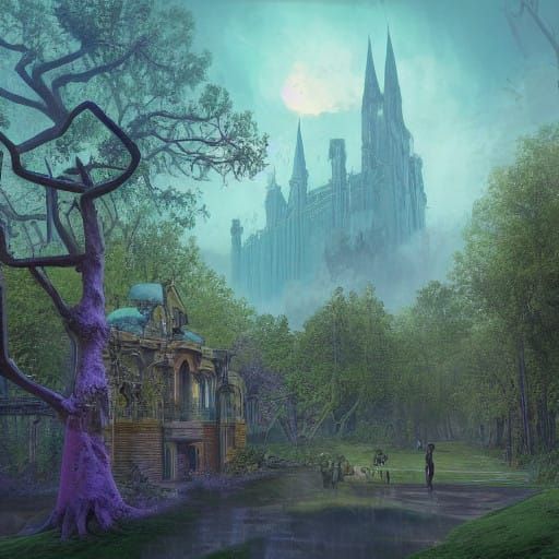 Haunted Mansion in Vibrant, Gradient Sky with Golden Light