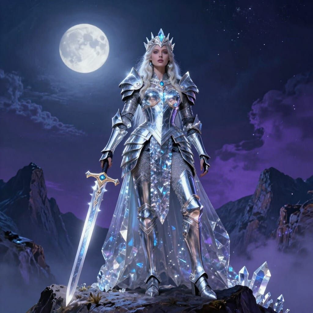 Crystal Warrior Queen on Mountain Peak in Moonlight