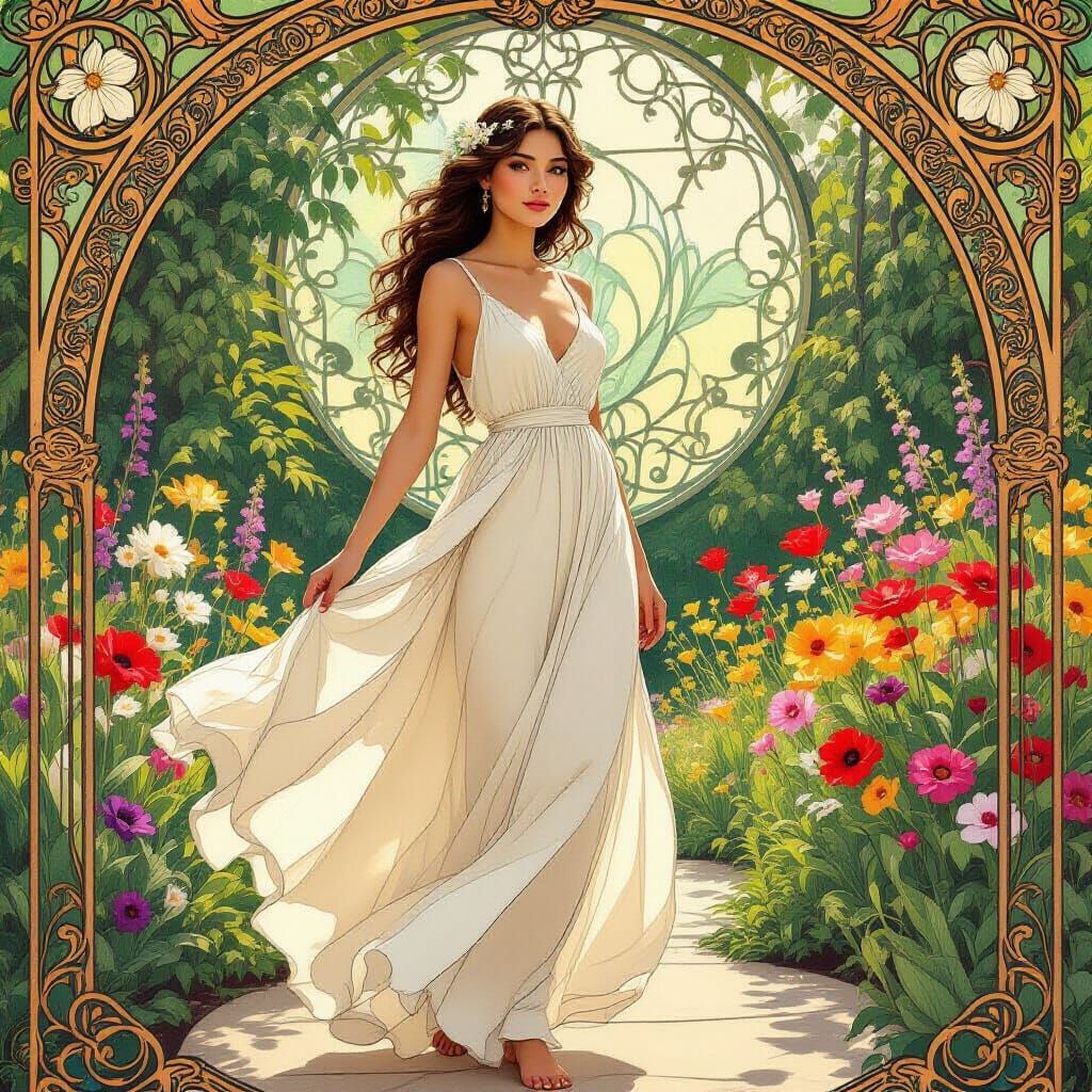 Vee in Serene Garden, Art Nouveau Style