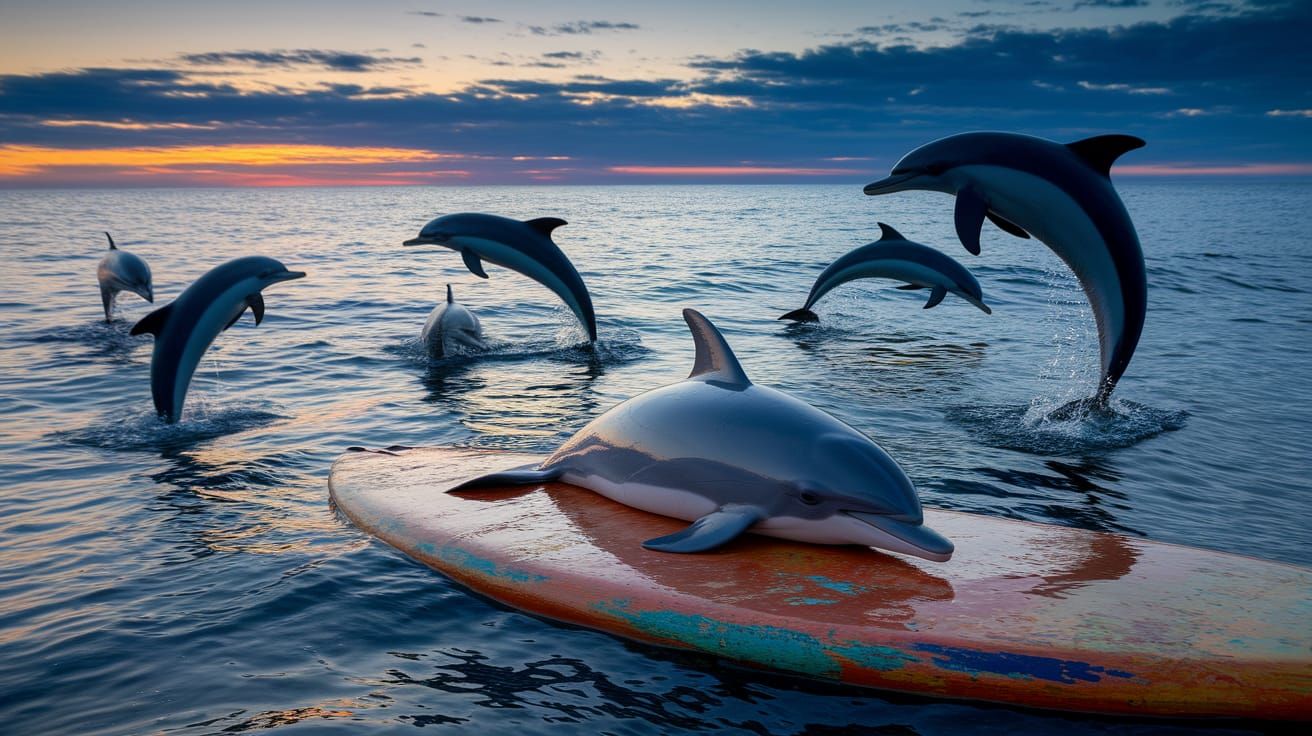 Dolphins on Surfboard at Twilight Ocean Sunset