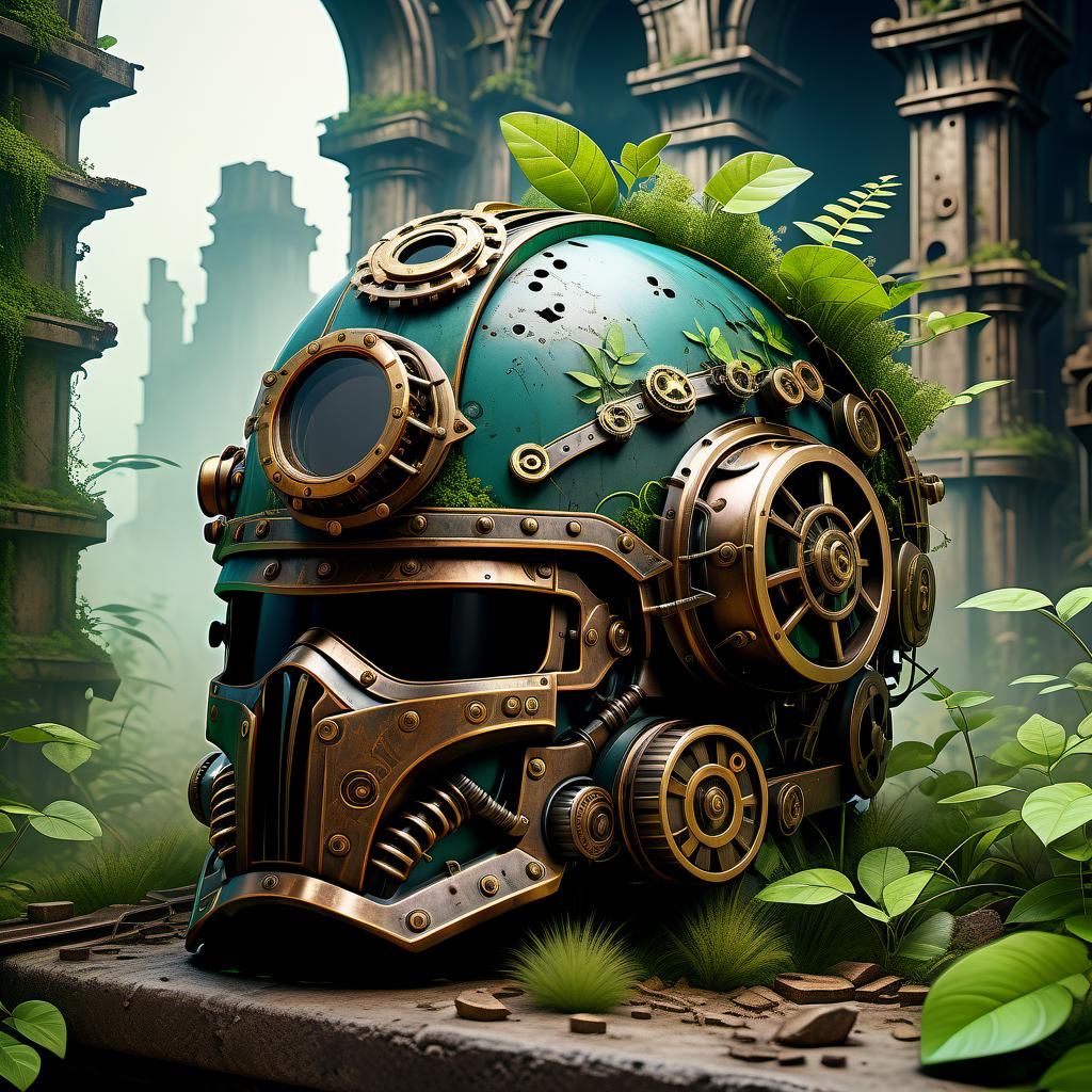 Nature Reclaims a Steampunk Helmet in Ruins