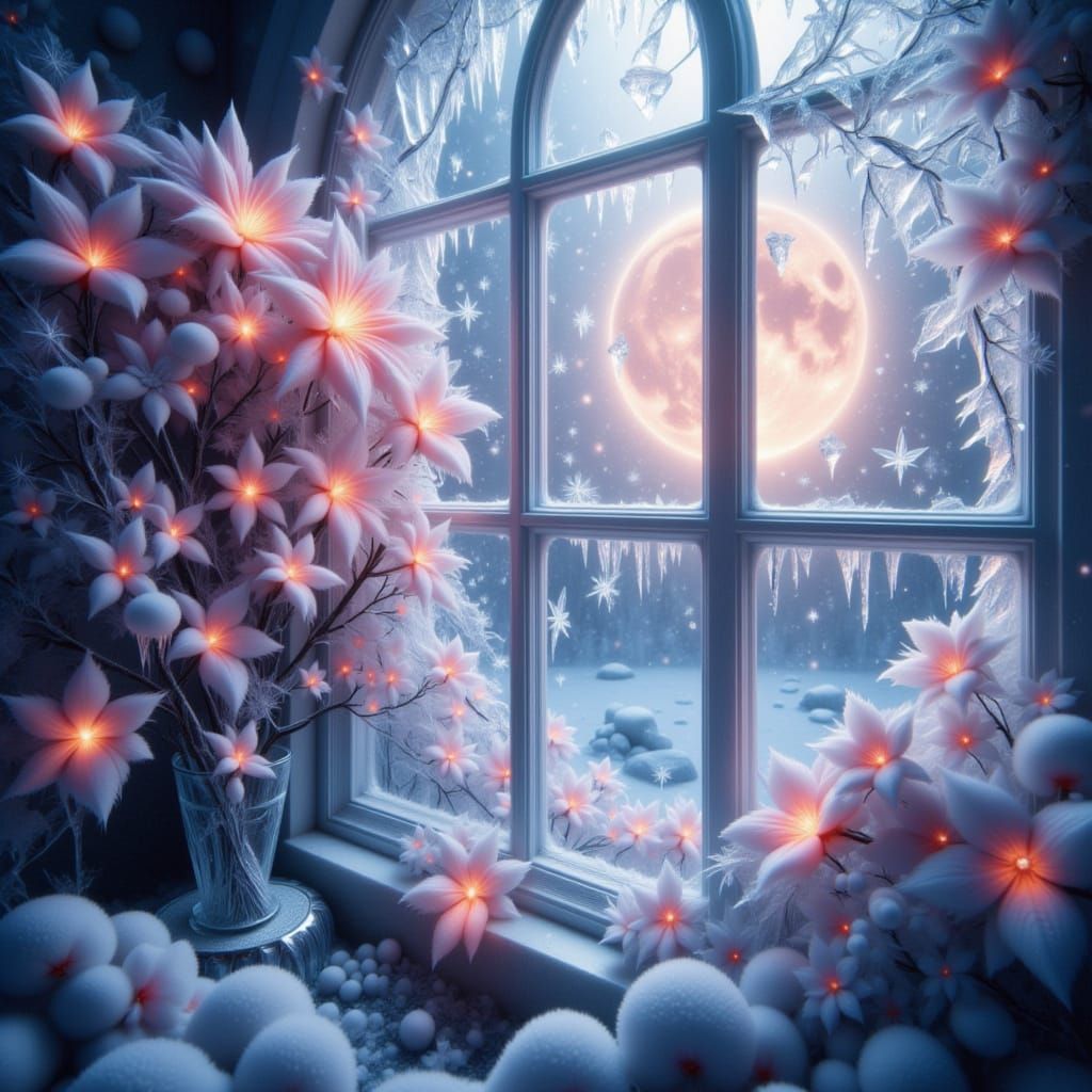 Ice Flowers Bloom on Window, 3D Game Cinematic Style