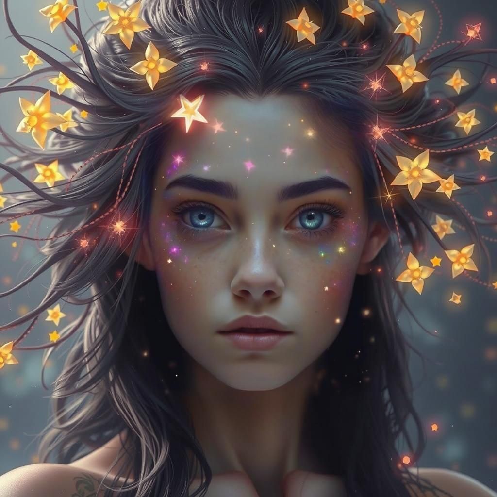 Woman with Star-Adorned Hair in Fantasy Art Style