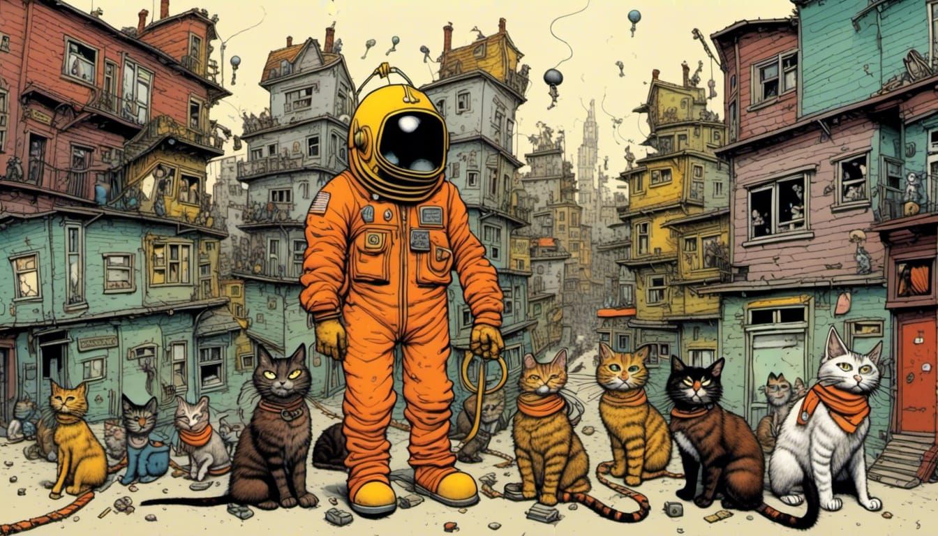 Dystopian Slum Scene with Hazmat Suits and Cats