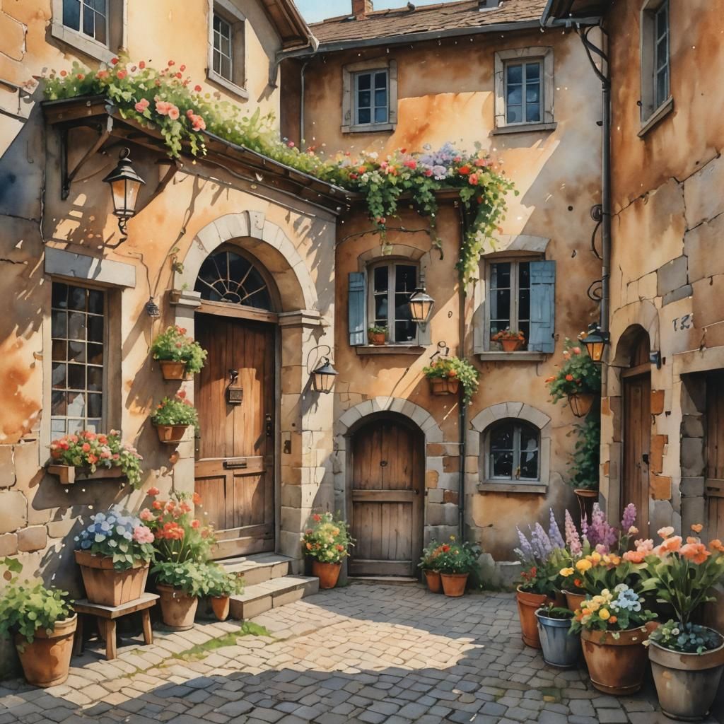 Idyllic Austrian Village Courtyard in Watercolor Style
