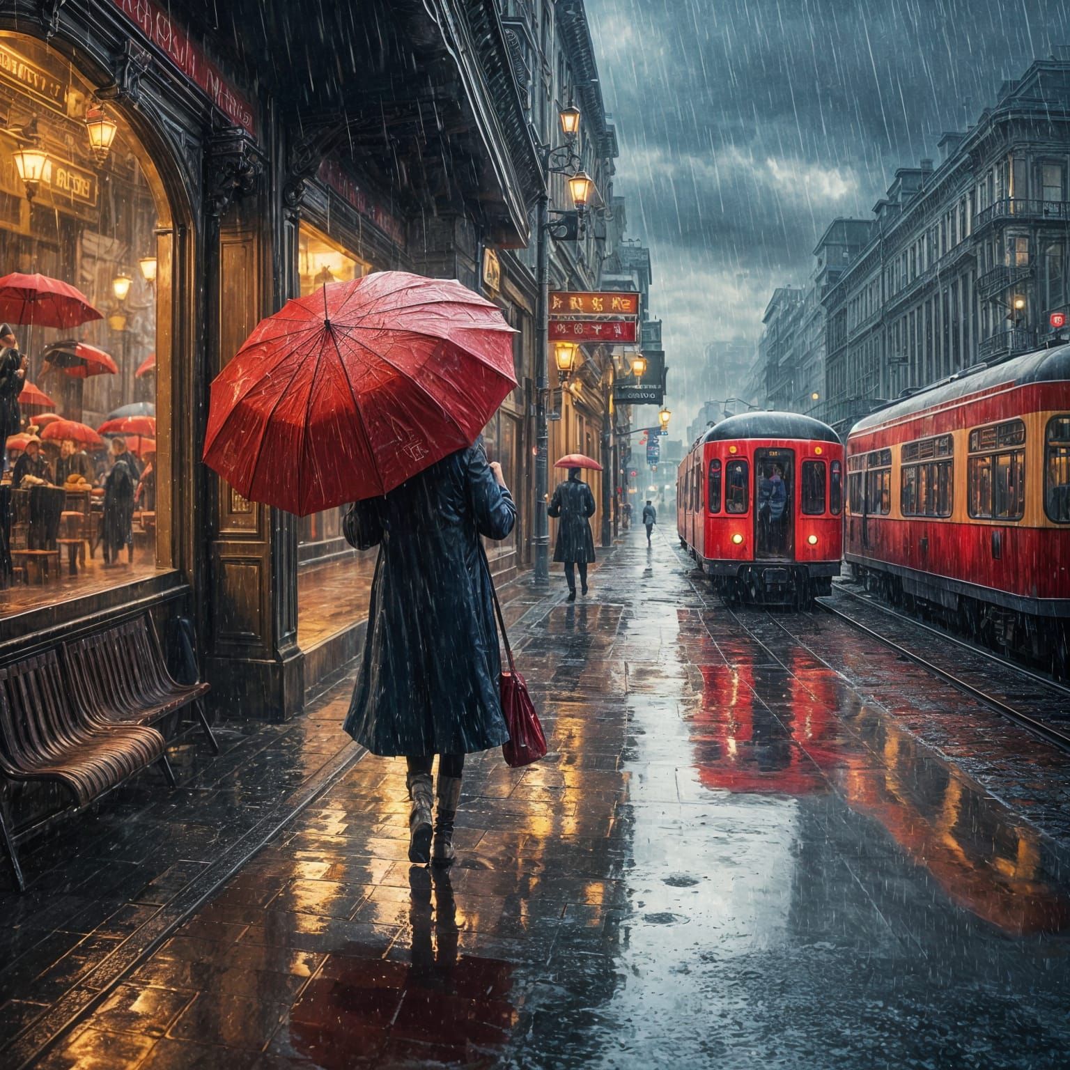 Lady with Red Umbrella in Rainy Cityscape