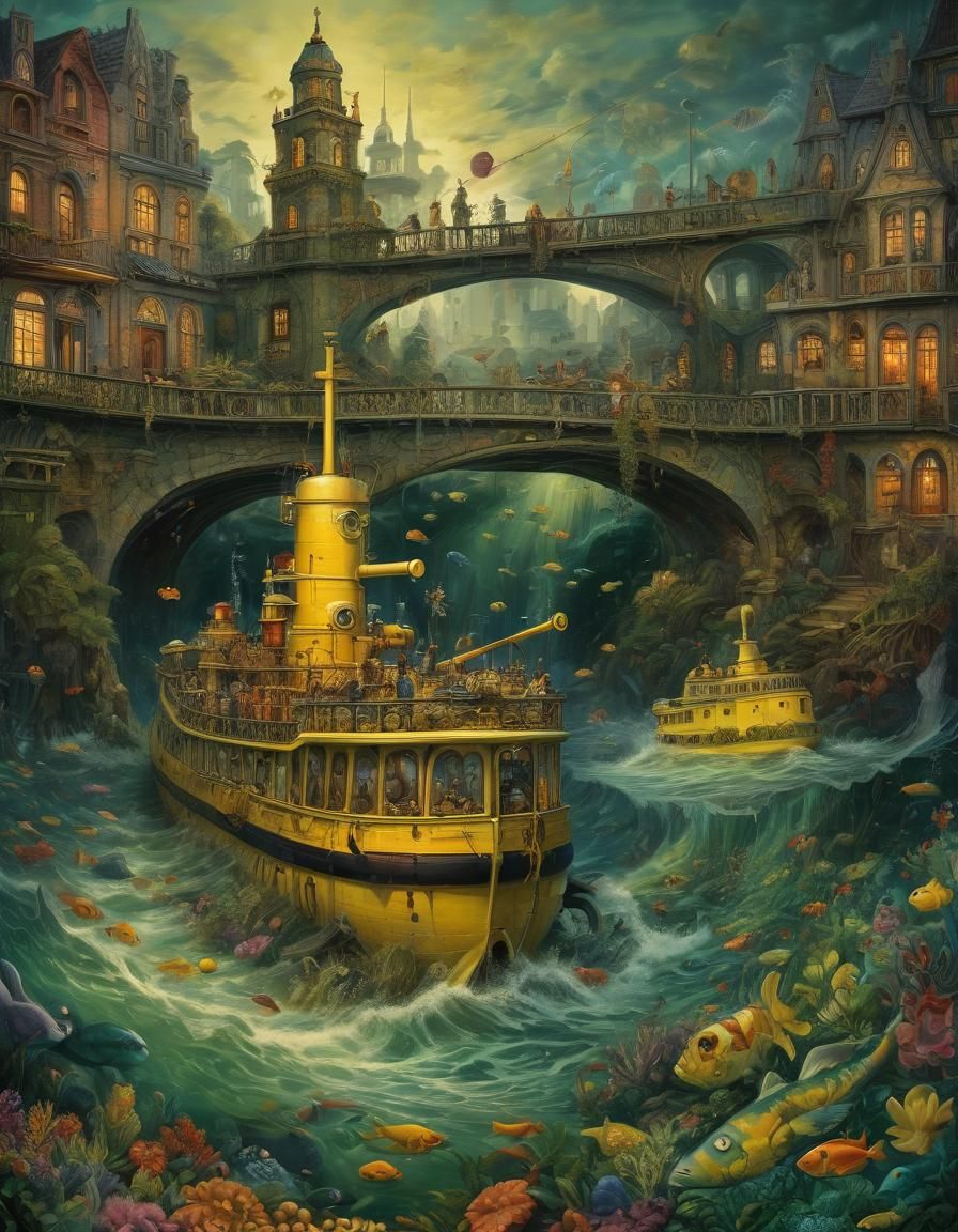 Yellow Submarine in a Fantastical Oil Painting