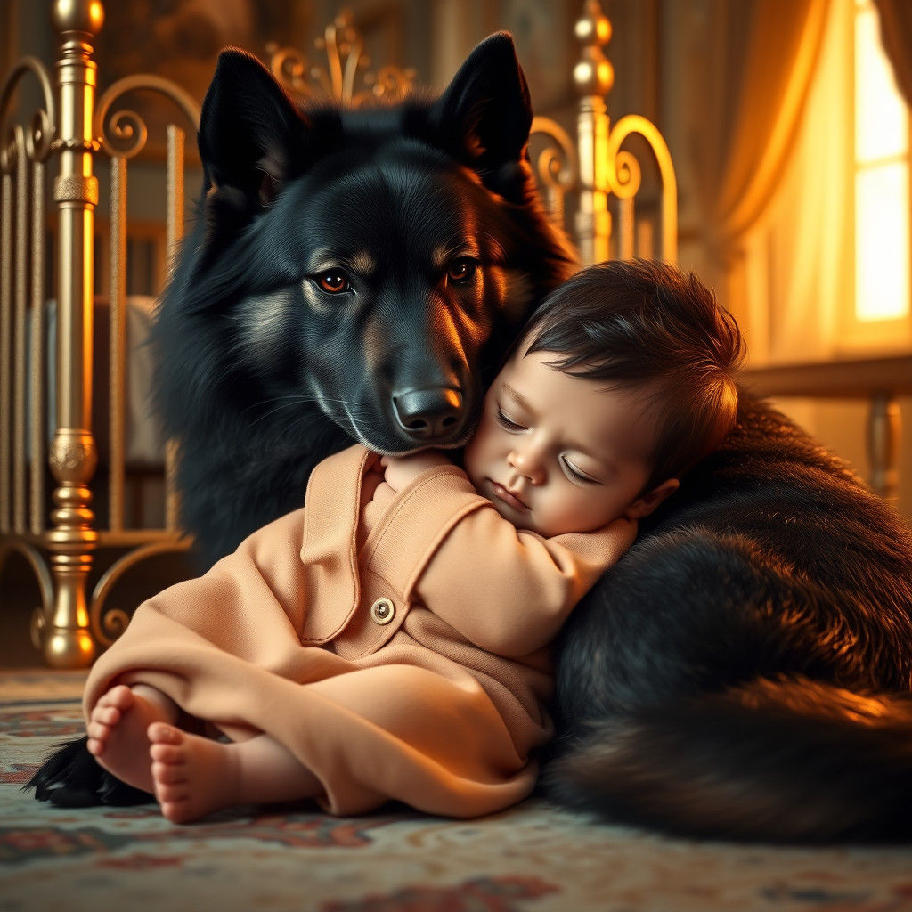 Baby Asleep with Dog Companion in Fantasy Style