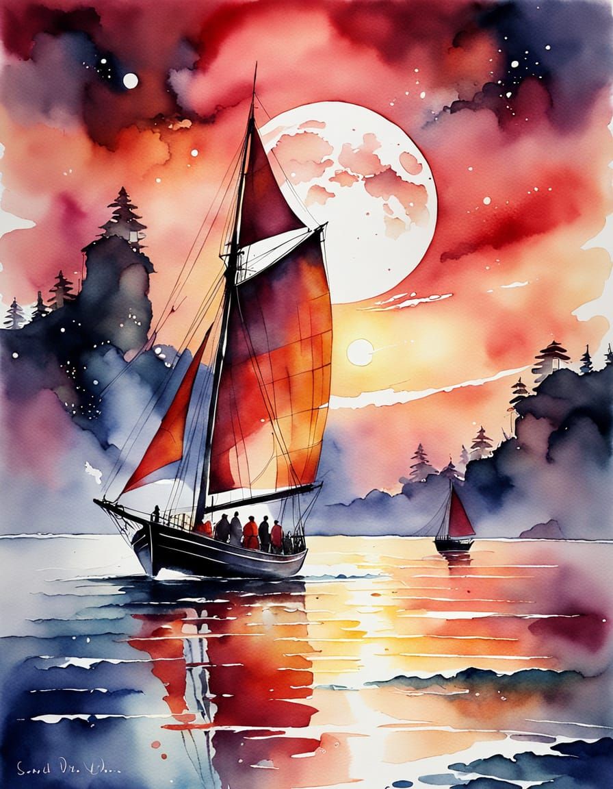 Ethereal Sailboats on Enchanted Sea in Watercolor