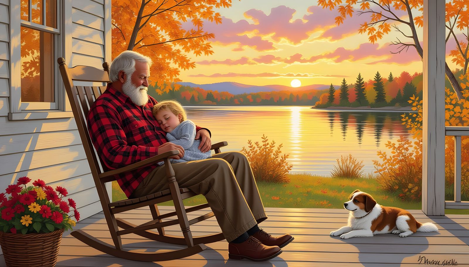 Autumn Sunset: Old Man and Child, Watercolor Style